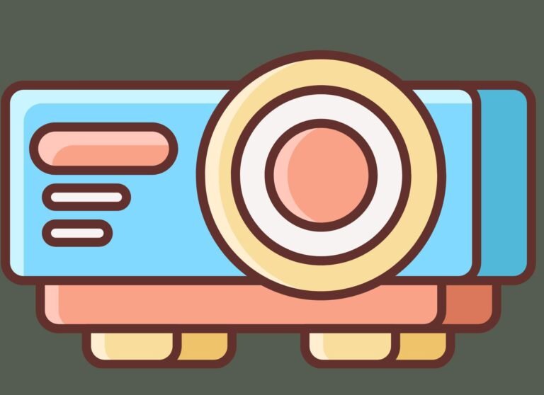 A simple, light blue and peach-colored icon of a portable projector with a large, circular lens on the front. This image serves as a visual aid for a buying guide on what to look for in a portable projector