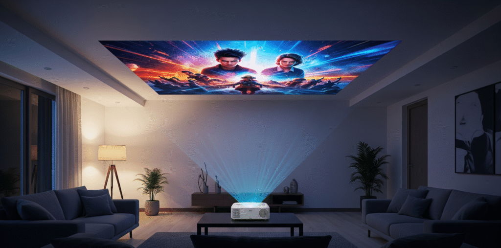 A portable projector is positioned on a coffee table in a modern living room, with its lens facing up to cast a vibrant movie onto the ceiling. The image captures a unique and creative home entertainment setup, showcasing how portable projectors are ideal for small spaces and a ceiling projection experience. The scene is softly lit, highlighting the convenience and versatility of the projector.