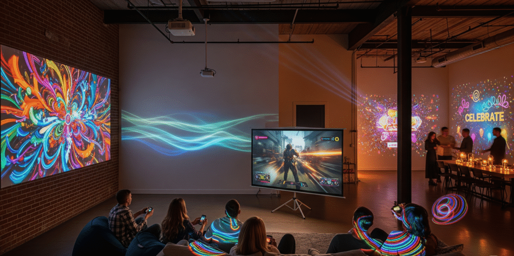 A dynamic image showcasing creative projector uses in a modern loft space. On the left, a vibrant abstract art piece is projected onto a wall. In the center, a group of friends is engrossed in a gaming session, with the game projected onto a large screen. To the right, projected patterns and lights create a festive ambiance for an event. The scene highlights the versatility of projectors for various purposes, from visual art and gaming to creating special event atmospheres.