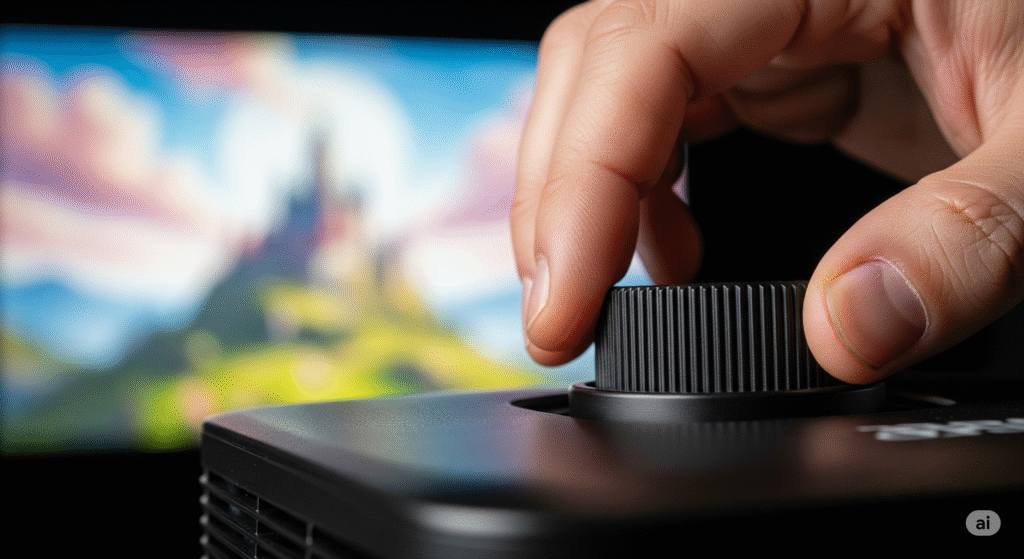 A close-up shot of a person's hand adjusting the focus ring on a black projector lens. The hand and the projector are in sharp focus in the foreground, while a large projected image in the background is noticeably blurry. This image visually represents the common problem of a blurry projector image and the act of fixing it, serving as an ideal visual for a practical troubleshooting guide.