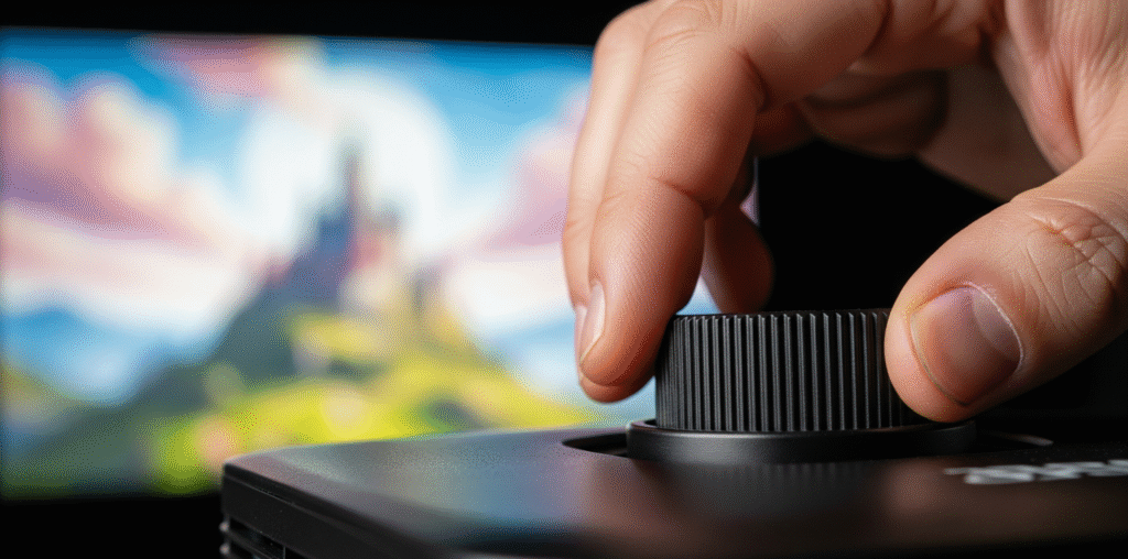 A close-up shot of a person's hand adjusting the focus ring on a black projector lens. The hand and the projector are in sharp focus in the foreground, while a large projected image in the background is noticeably blurry. This image visually represents the common problem of a blurry projector image and the act of fixing it, serving as an ideal visual for a practical troubleshooting guide.