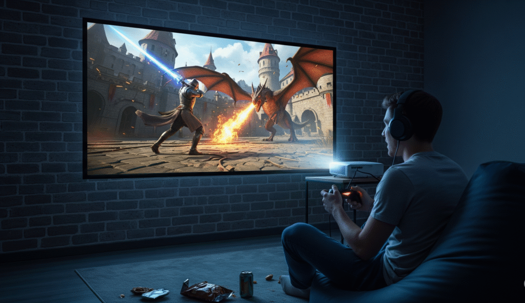 A gamer is focused on a video game projected onto a large wall, illustrating a guide on gaming mini and portable projector input lag.