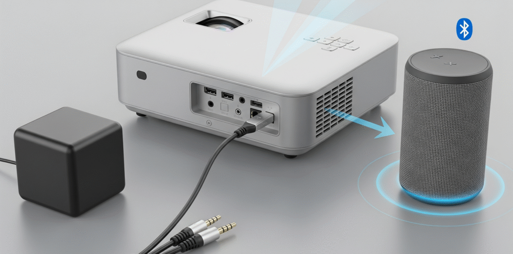 A photograph shows a modern white projector on a gray surface. A black auxiliary (AUX) cable is visibly plugged into the projector, with its other end connected to a black cube-shaped external speaker. To the right, a gray cylindrical Bluetooth speaker is shown with a blue light and a glowing circle beneath it, indicating a wireless connection. This image illustrates the various ways to connect external speakers to a projector, highlighting both the wired and Bluetooth methods discussed in this step-by-step guide.