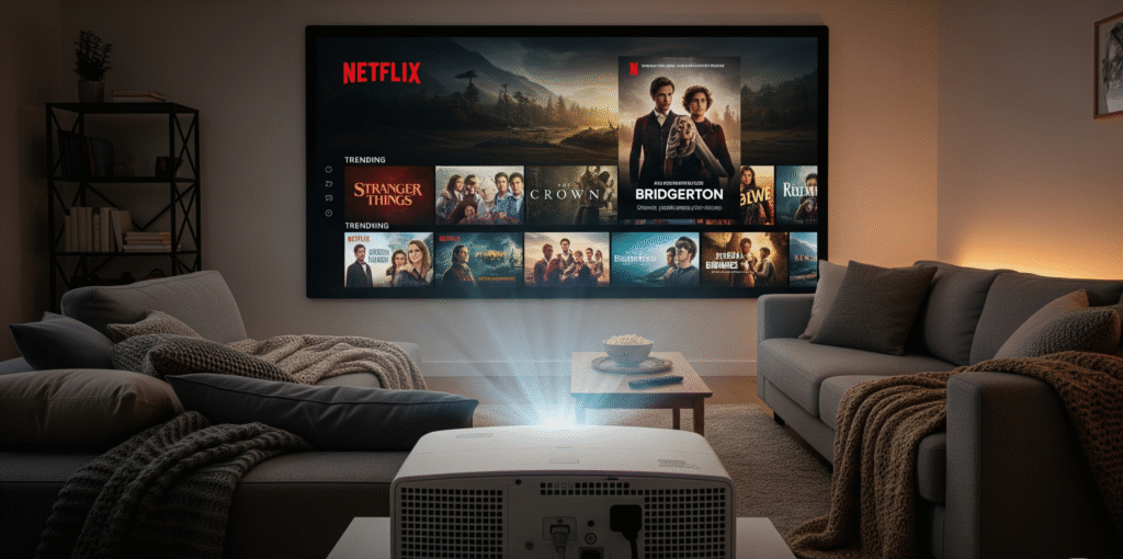 An immersive photograph from behind a projector shows the device casting the Netflix home screen onto a large wall in a cozy, dimly lit living room. The projector display is sharp, showing various movie and TV show titles, demonstrating how to stream Netflix and highlighting the ultimate guide to home theater setup. A comfortable couch with blankets and a bowl of popcorn on a coffee table completes the scene, emphasizing the relaxing experience of watching a movie on a projector.