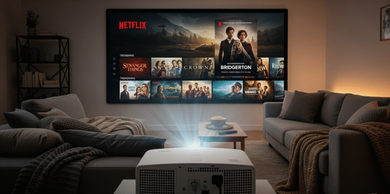 An immersive photograph from behind a projector shows the device casting the Netflix home screen onto a large wall in a cozy, dimly lit living room. The projector display is sharp, showing various movie and TV show titles, demonstrating how to stream Netflix and highlighting the ultimate guide to home theater setup. A comfortable couch with blankets and a bowl of popcorn on a coffee table completes the scene, emphasizing the relaxing experience of watching a movie on a projector.