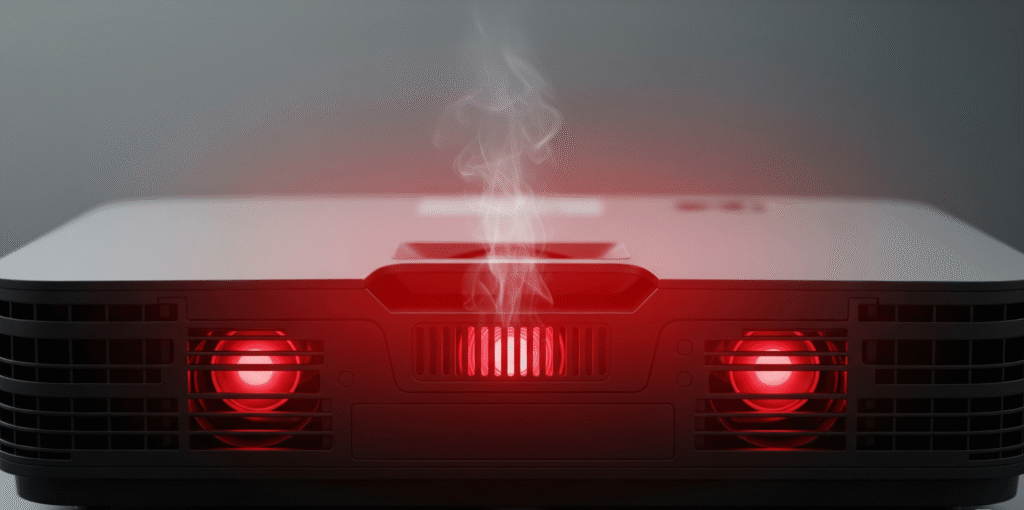 A compelling, close-up photograph of the back of a projector, with a clear red glow and wisps of smoke or heat rising from its vents, visually representing a serious projector overheating issue. The image serves as a powerful visual for a guide on the causes, fixes, and prevention of projector overheating, highlighting the importance of proper maintenance to avoid damage.