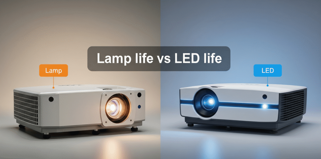 A side-by-side comparison of a traditional projector with a lamp and a modern projector with an LED light source, illustrate the key differences in projector lamp life versus projector LED life.