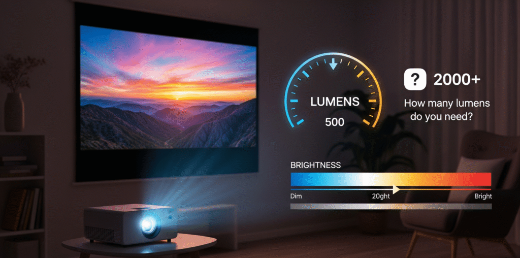 Mini Projector Brightness Guide a modern, compact mini projector casting a vivid, colorful landscape scene onto a screen in a dimly lit room. Overlayed on the scene is a translucent, glowing graphic of a circular dial labeled "LUMENS" and a bar graph showing brightness levels. A large question mark is positioned next to a higher lumen number, prompting the question: "How many lumens do you need?"