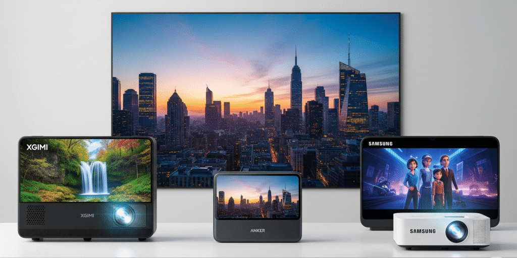 Portable Projector Comparison XGIMI, Anker, Samsung, & More. three portable projectors, one from XGIMI, one from Anker, and one from Samsung, displayed on a minimalist table. Each device is casting a different, vibrant image onto a large white wall behind them, highlighting the differences in picture quality, brightness, and color saturation for this projector comparison.