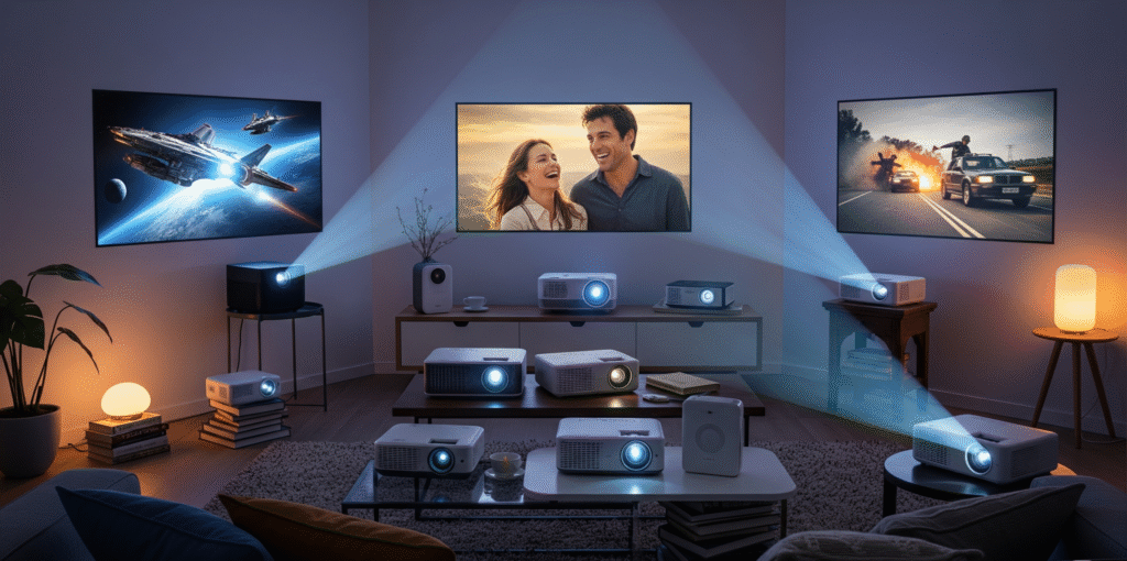A cozy living room at night with several different portable projectors arranged on a coffee table and the floor. Each projector is casting a bright, clear movie or video game scene onto a large white wall. The scene is illuminated by the light from the projections.
