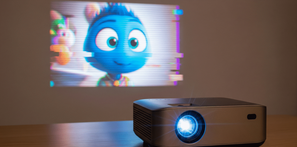 A sleek, gray mini projector sits on a wooden table, casting a distorted and glitched image onto a wall. The projection, which shows a blue animated character, has prominent horizontal lines, color fringing, and a static-like effect, visually representing common mini projector problems. This image serves as a powerful visual aid for a troubleshooting guide, indicating a need for quick fixes.