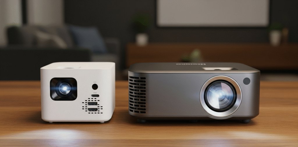 A side by side image featuring a white mini projector on the left and a larger, dark gray portable projector on the right, both sitting on a wooden table.
