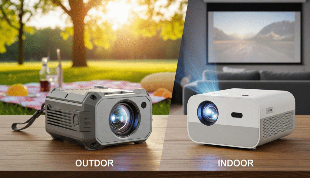 A side-by-side comparison of two mini projectors on a wooden table. The outdoor mini projector on the left has a rugged, durable case, while the indoor mini projector on the right is sleek and compact.